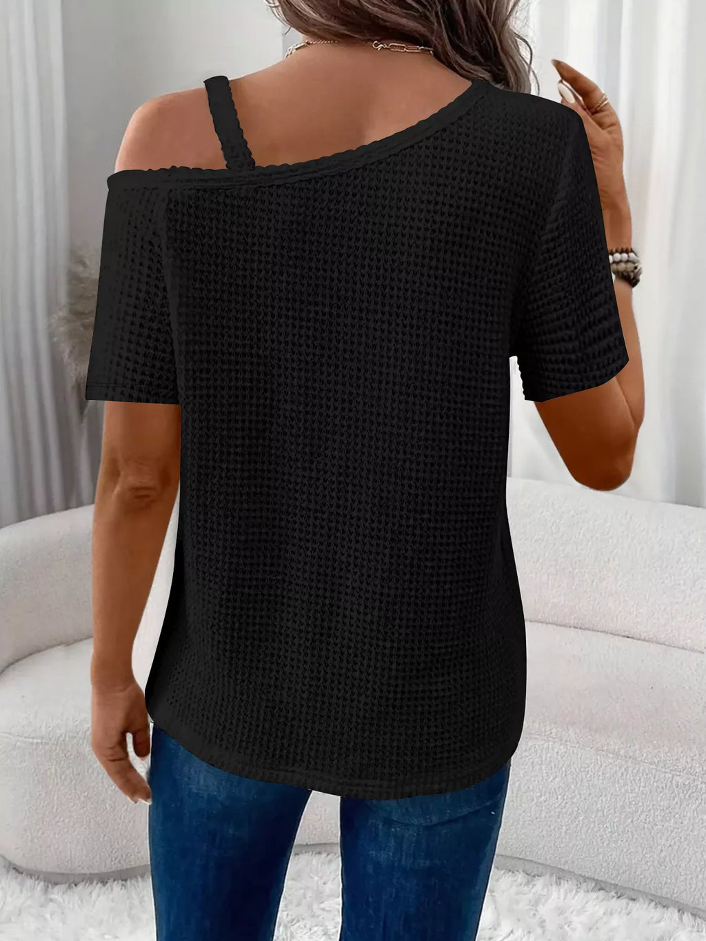 One-shoulder Chain Detail Waffle Knit T-shirt (9)