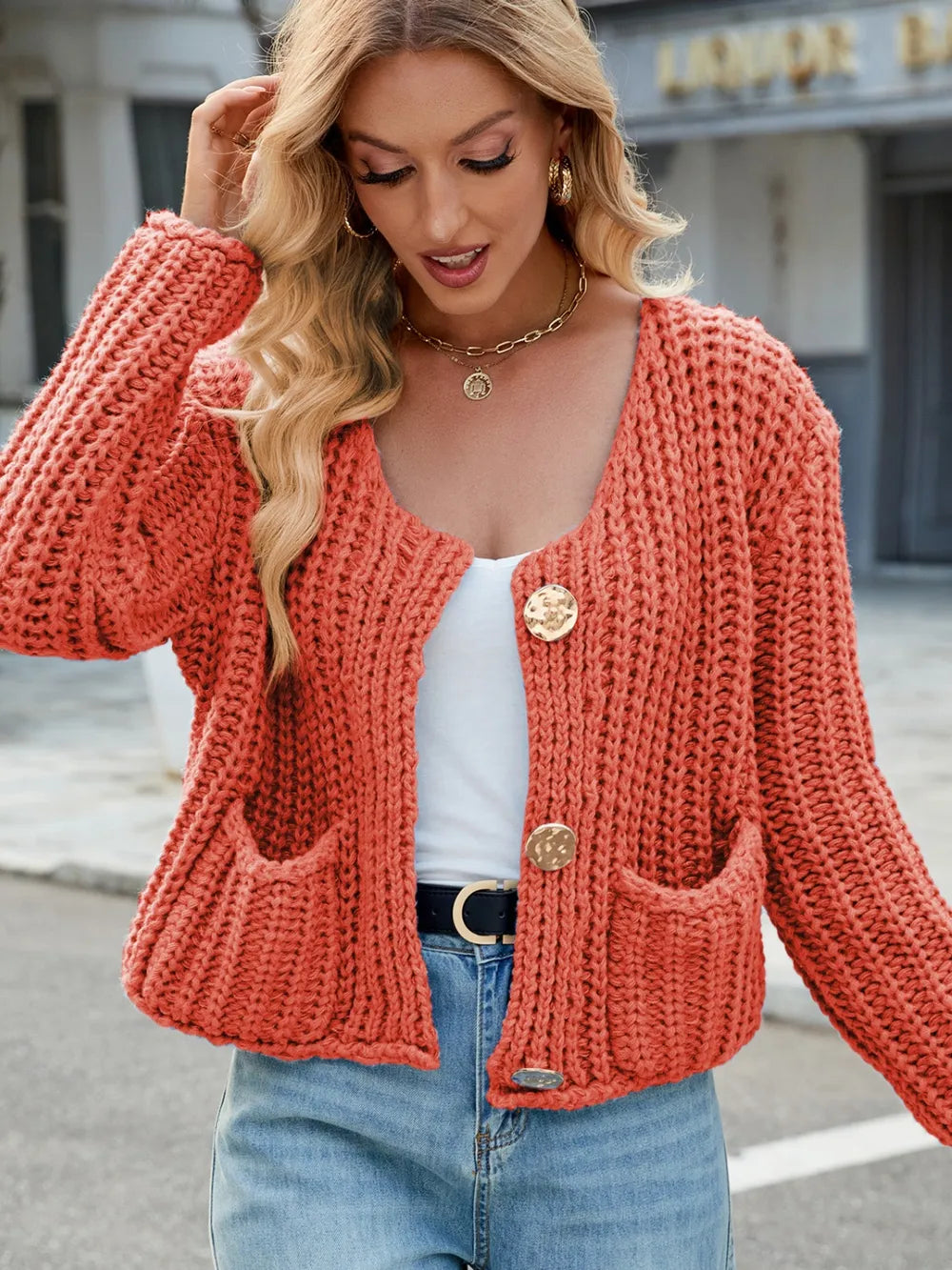 Round Neck Button Up Cardigan Pockets (34)