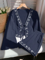 Embroidered Tie-front Top Shorts Set (18)