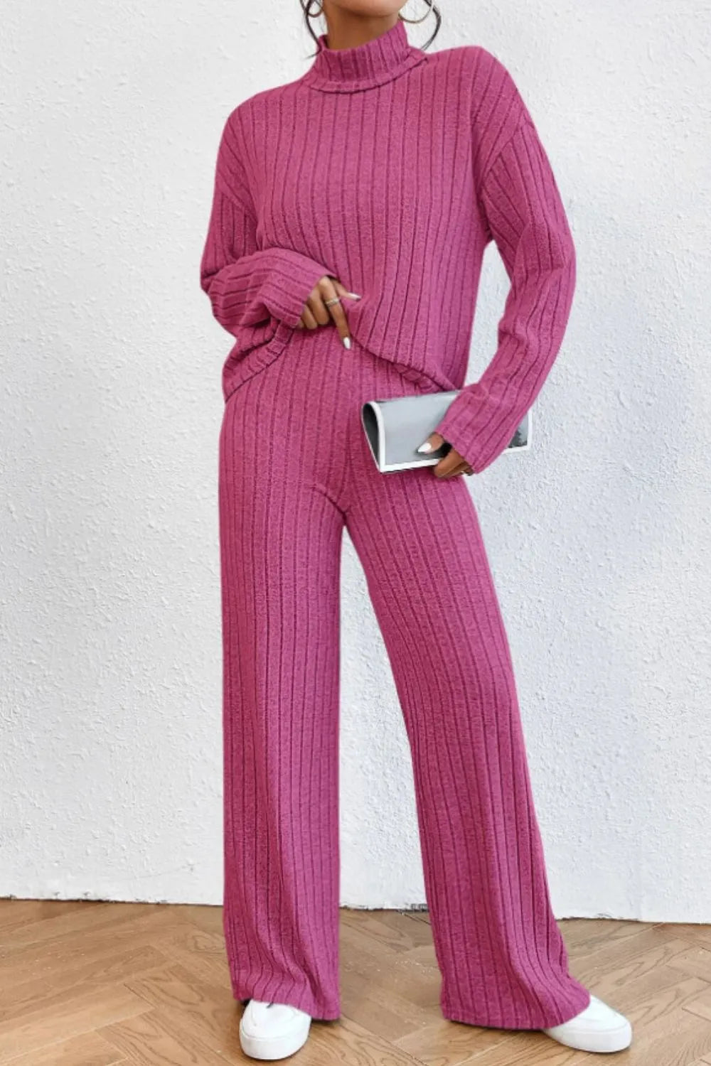 Mock Neck Dropped Shoulder Top Pants Set (8)