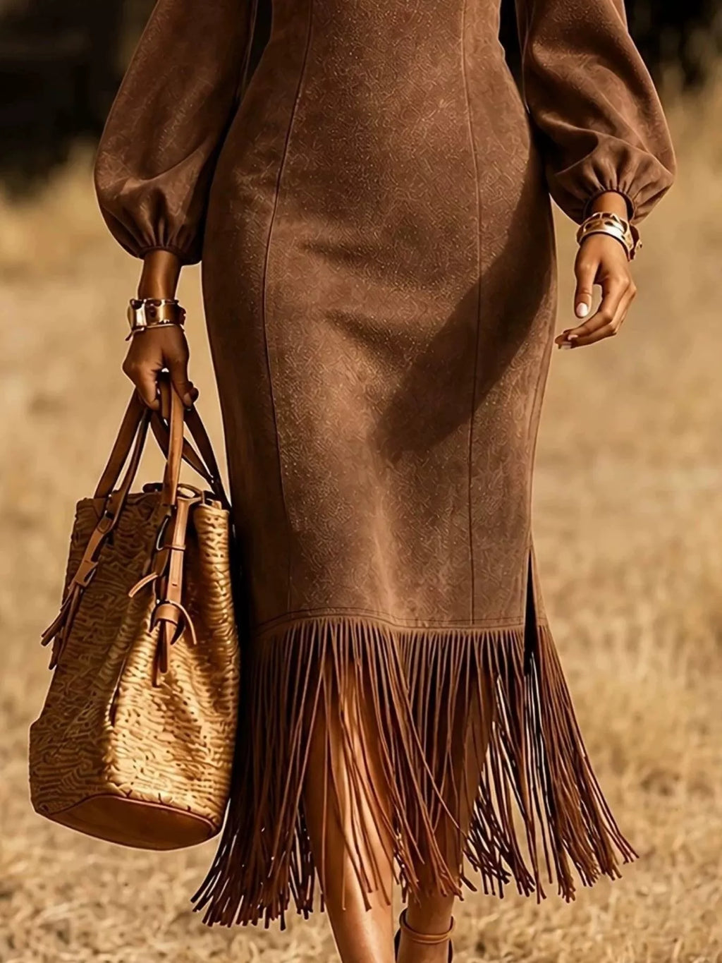 Fringe Round Neck Balloon Sleeve Dress (2)