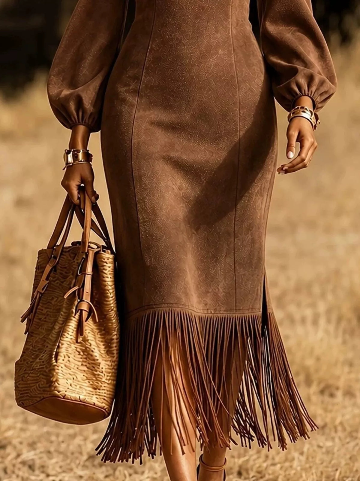 Fringe Round Neck Balloon Sleeve Dress (2)
