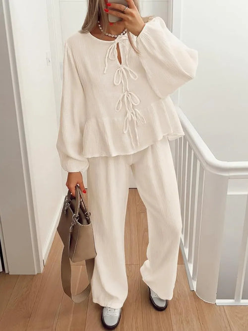 Tie Neck Balloon Sleeve Top Pants Set (2)