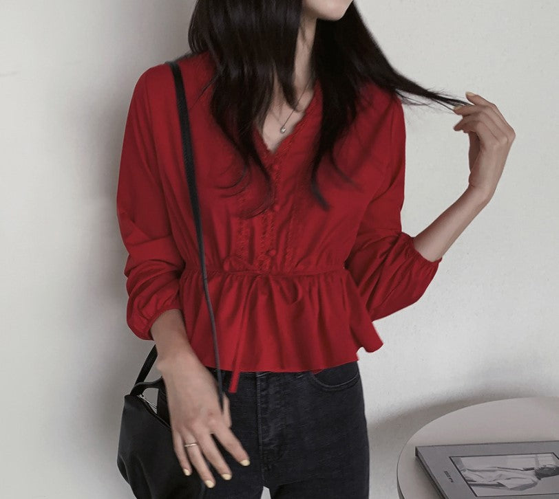Shintimes V-neck White Blouse Sashes Casual Clothes photo 1