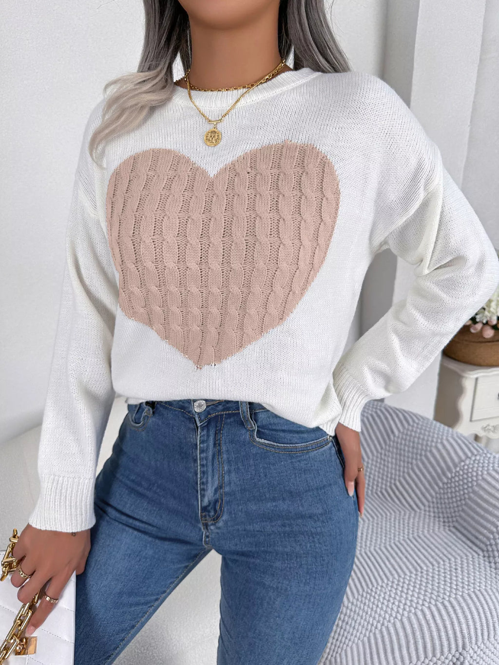 Cable Knit Heart Round Neck Sweater (10)