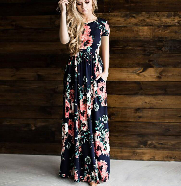 Flower Print Maxi Dress variant CJNSSYLY00207-Dark Blue-S|CJNSSYLY00207-Dark Blue-L|CJNSSYLY00207-Dark Blue-XL|CJNSSYLY00207-Dark Blue-M|CJNSSYLY00207-Dark Blue-3XL|CJNSSYLY00207-Dark Blue-XXL