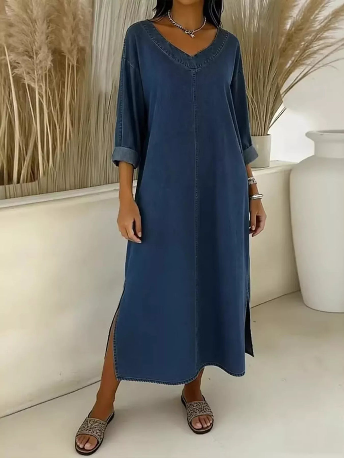 Side Slit V-neck Midi Dress (5)