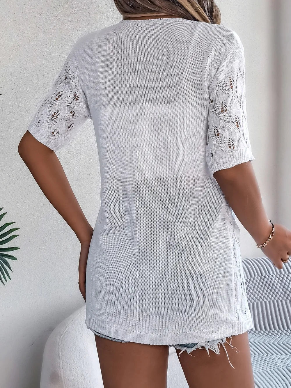 Openwork Open Front Short Sleeve Cardigan (3)