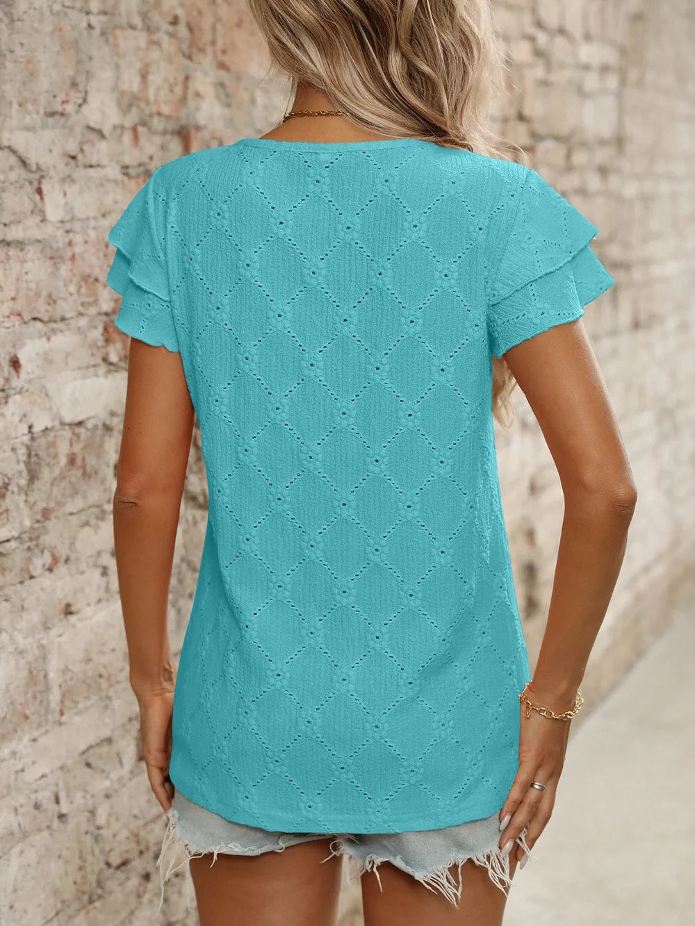 Eyelet Round Neck Double Layered Ruffled Short Sleeve Top (5)