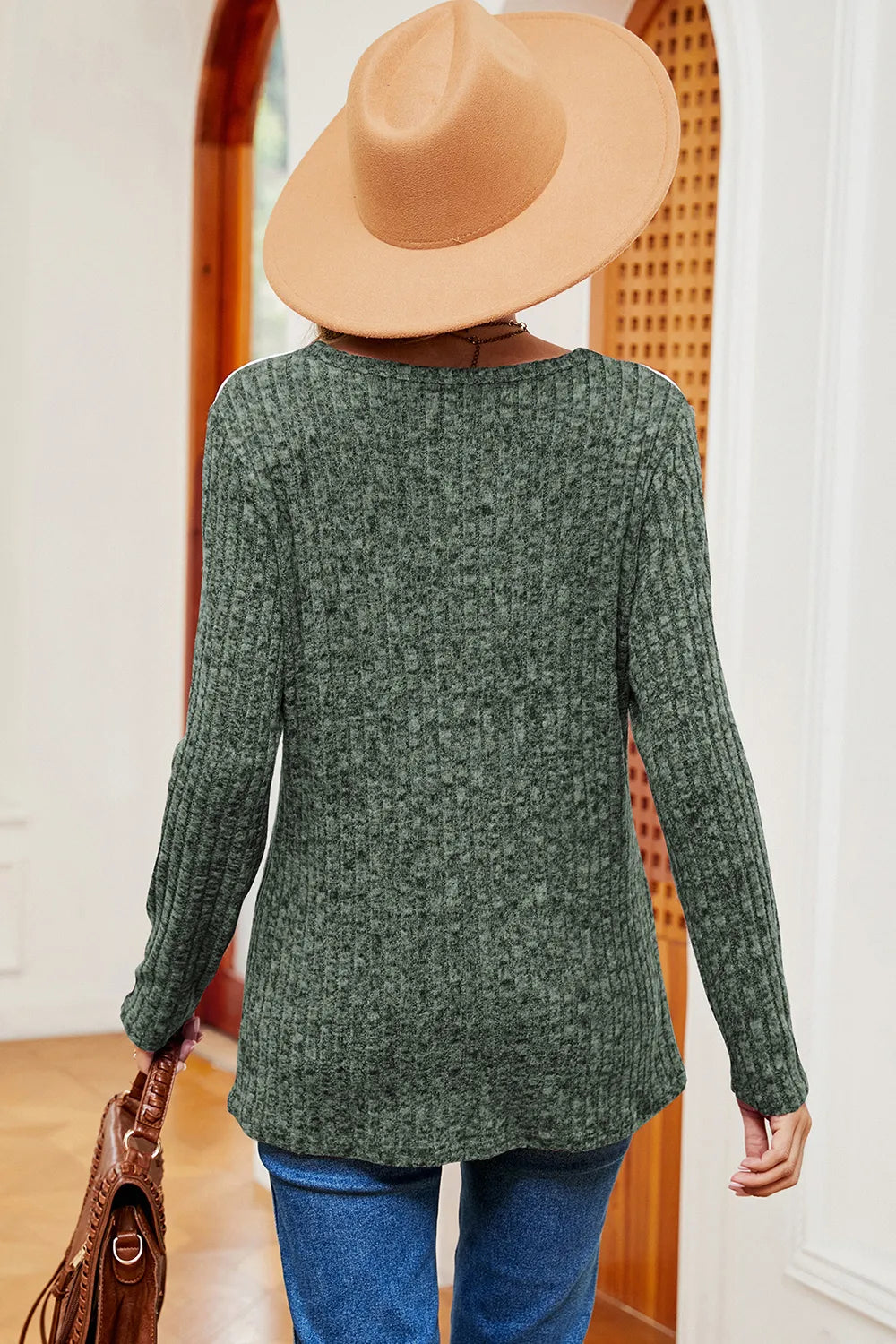 Eyelet Ribbed Round Neck Long Sleeve T-shirt (2)