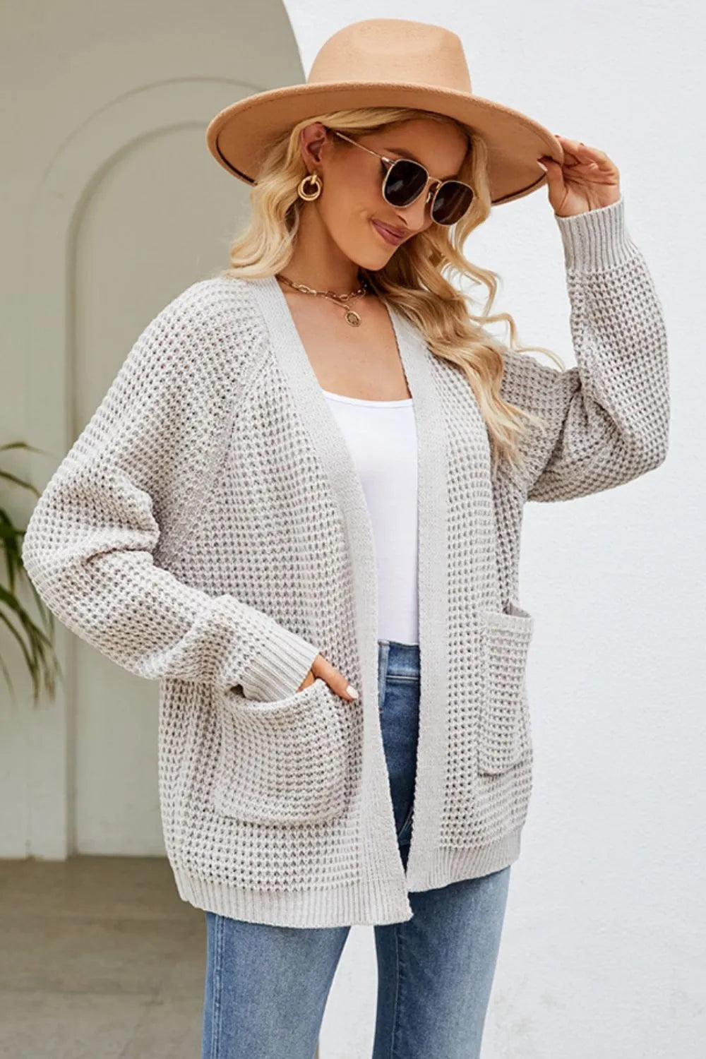 Open Front Raglan Sleeve Pocketed Cardigan (5)
