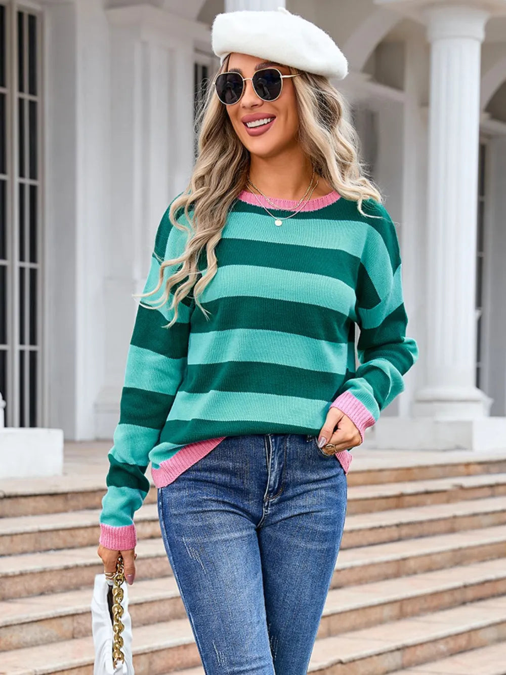 Striped Round Neck Dropped Shoulder Sweater (15)
