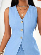 Sleeveless Button-down Vest Shorts Set (17)
