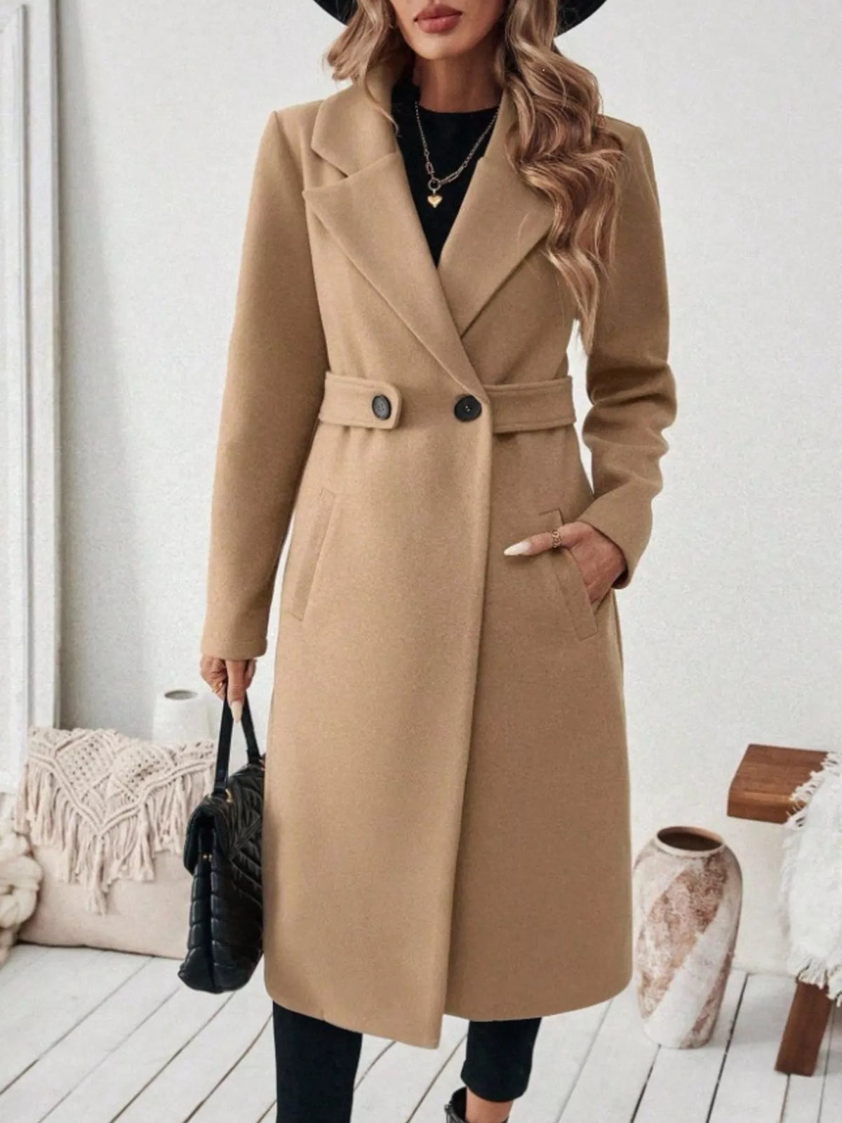 Full Size Elegant Lapel Collar Belted Coat Pockets Plus (15)