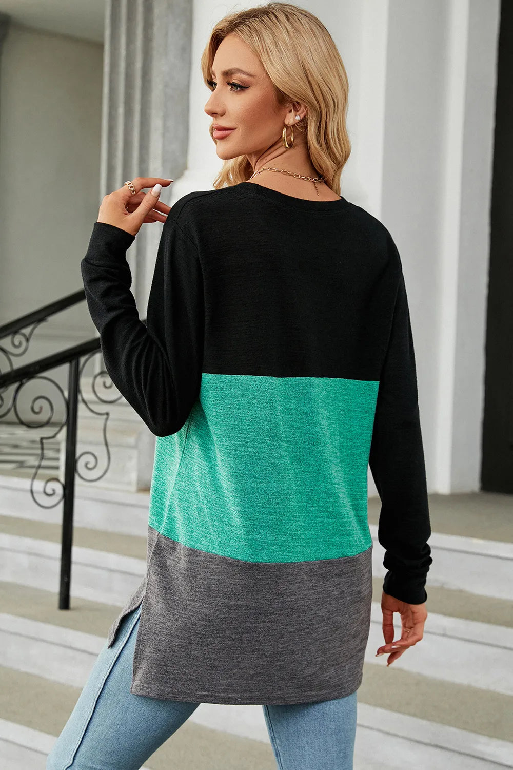 Block Round Neck Long Sleeve T-shirt (12)