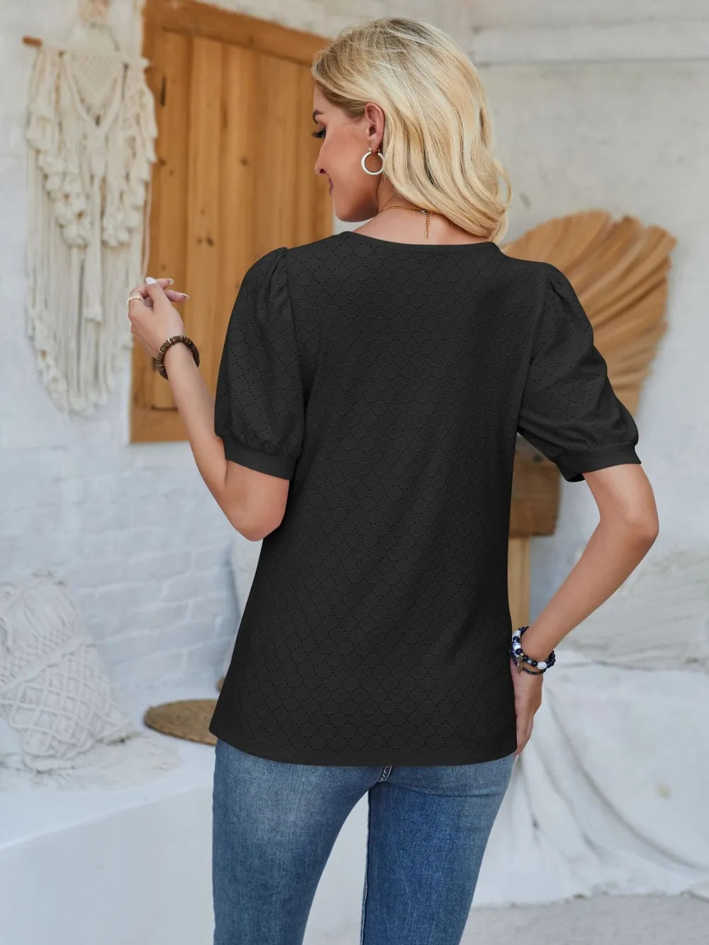 Eyelet Asymmetrical Neck Short Sleeve T-shirt (12)
