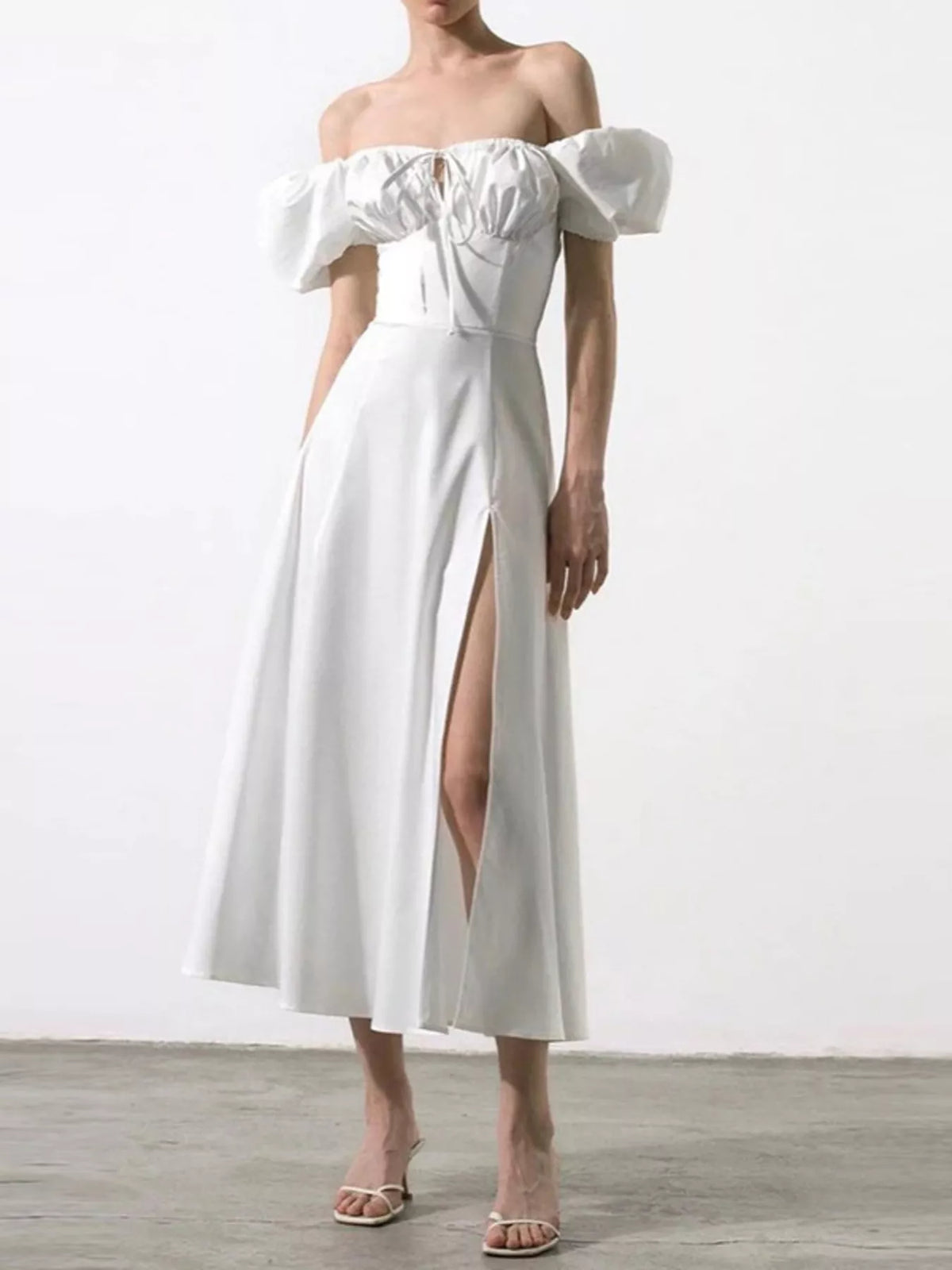 Puff Sleeve Tie Front Slit Midi Dress (14)