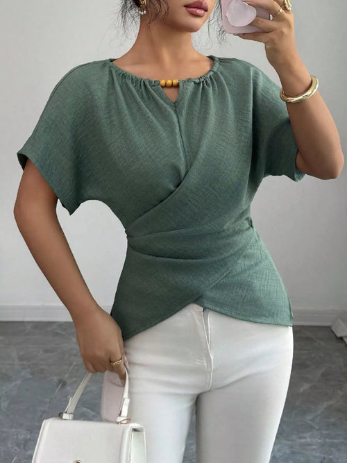 Beaded Neckline Short Sleeve Blouse (2)