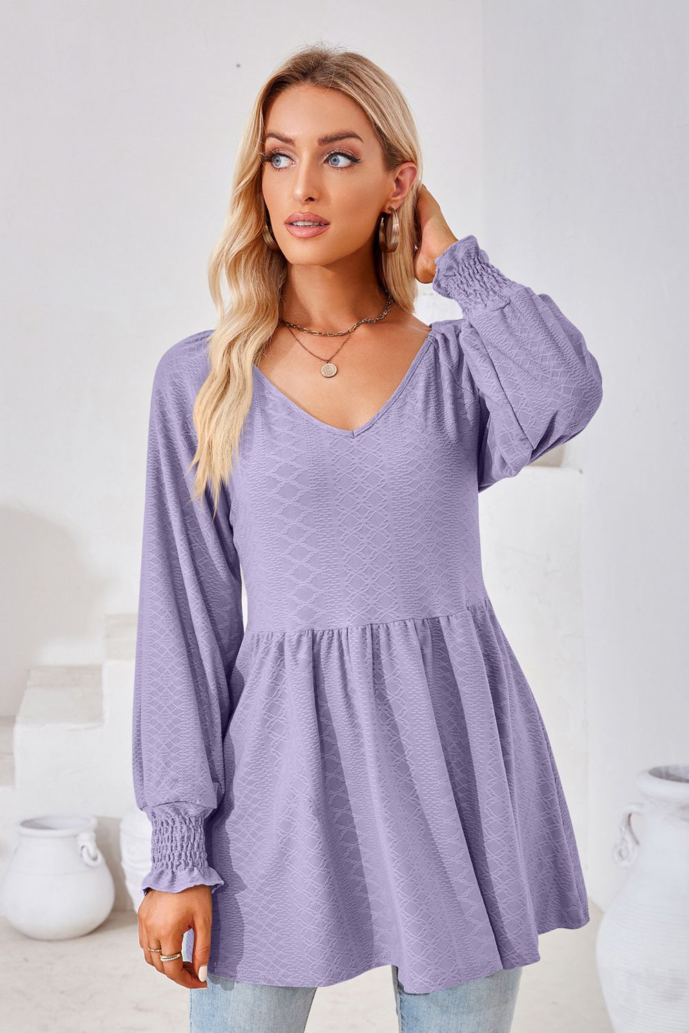 V-neck Lantern Sleeve Blouse (3)