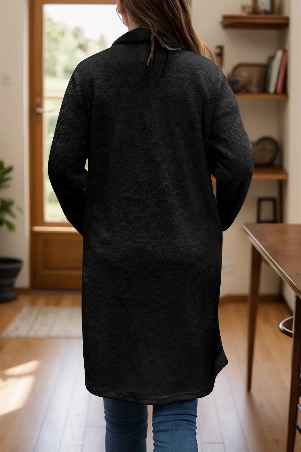 Full Size One Button Long Sleeve Longline Plush Coat (8)