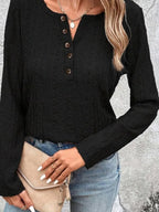 Openwork Half Button Long Sleeve Blouse (8)