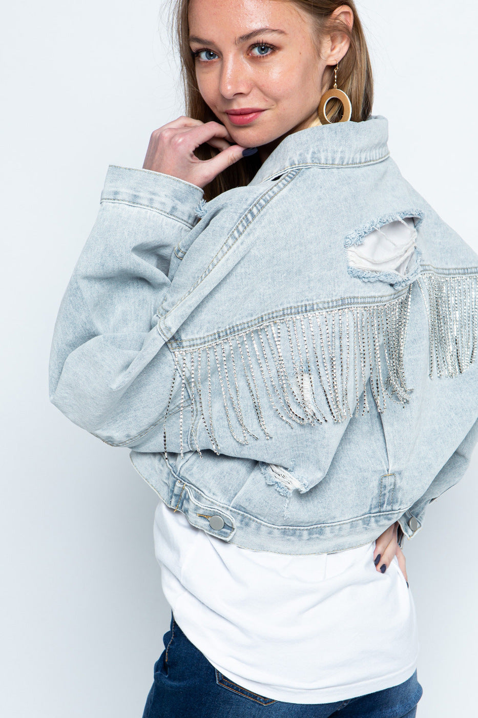 Ripped Rhinestone Denim Jacket Tassel Long Sleeve variant CJYD184214901AZ|CJYD184214902BY|CJYD184214903CX|CJYD184214904DW