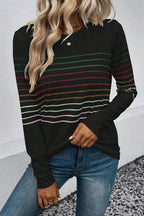Striped Round Neck Long Sleeve T-shirt (2)