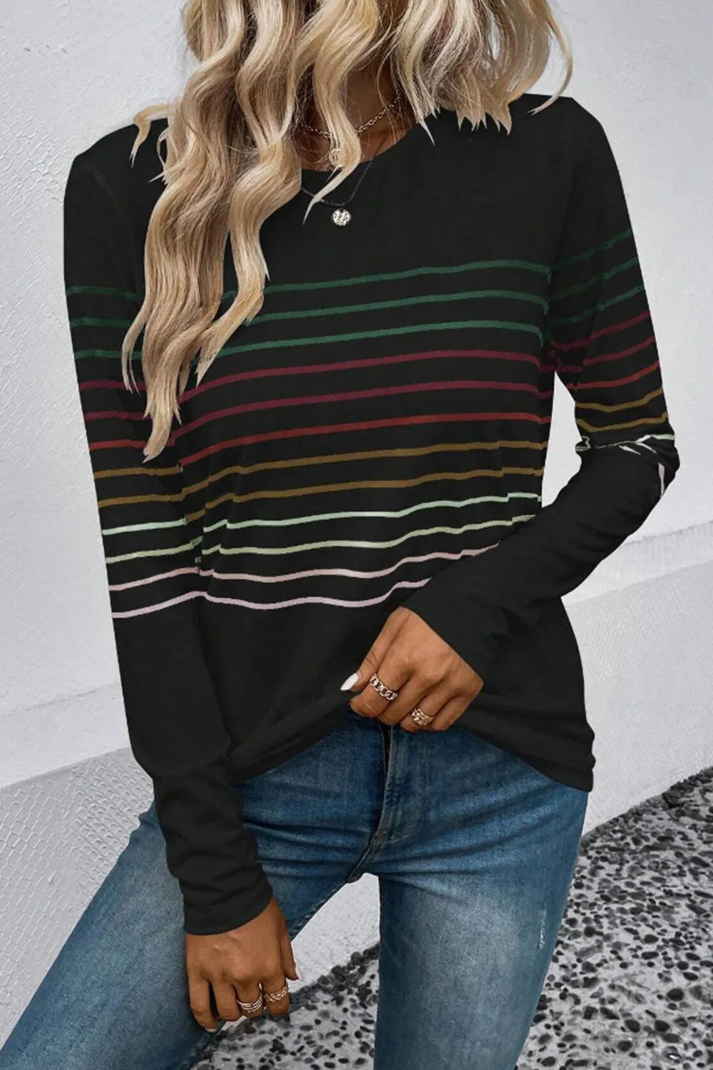 Striped Round Neck Long Sleeve T-shirt (2)