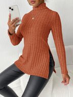 Ribbed Turtleneck Long Sleeve Slit T-shirt (15)