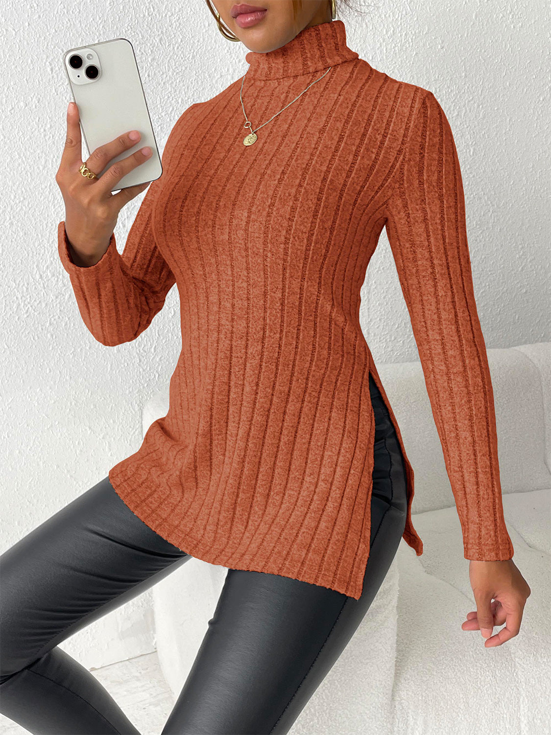 Ribbed Turtleneck Long Sleeve Slit T-shirt (15)