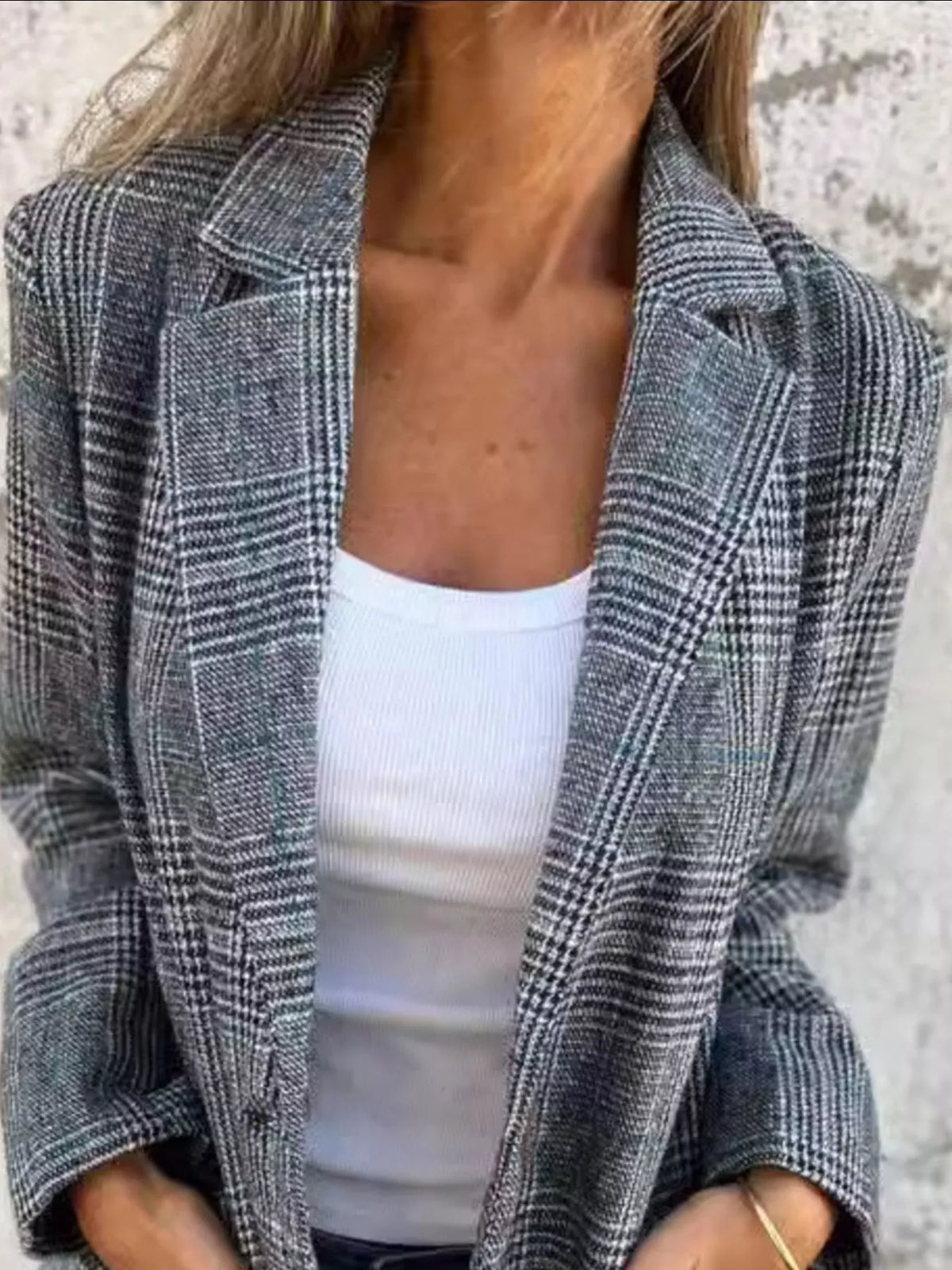 Full Size Plaid Single-breasted Long Sleeve Blazer Plus (2)