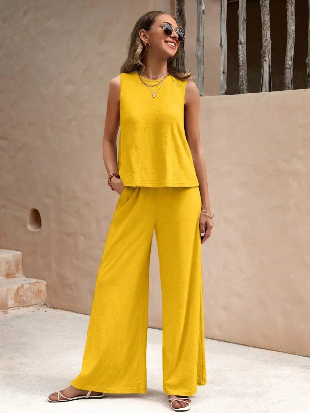 Round Neck Sleeveless Top Wide Leg Pants Set (9)