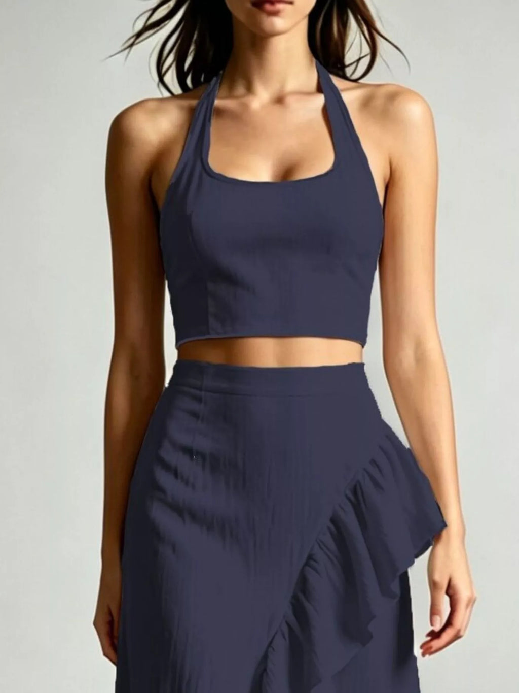 Halter Neck Crop Top High-low Maxi Skirt Two-piece Set (5)