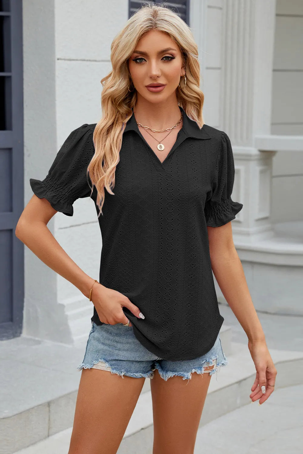 Eyelet Johnny Collar Short Sleeve Blouse (30)