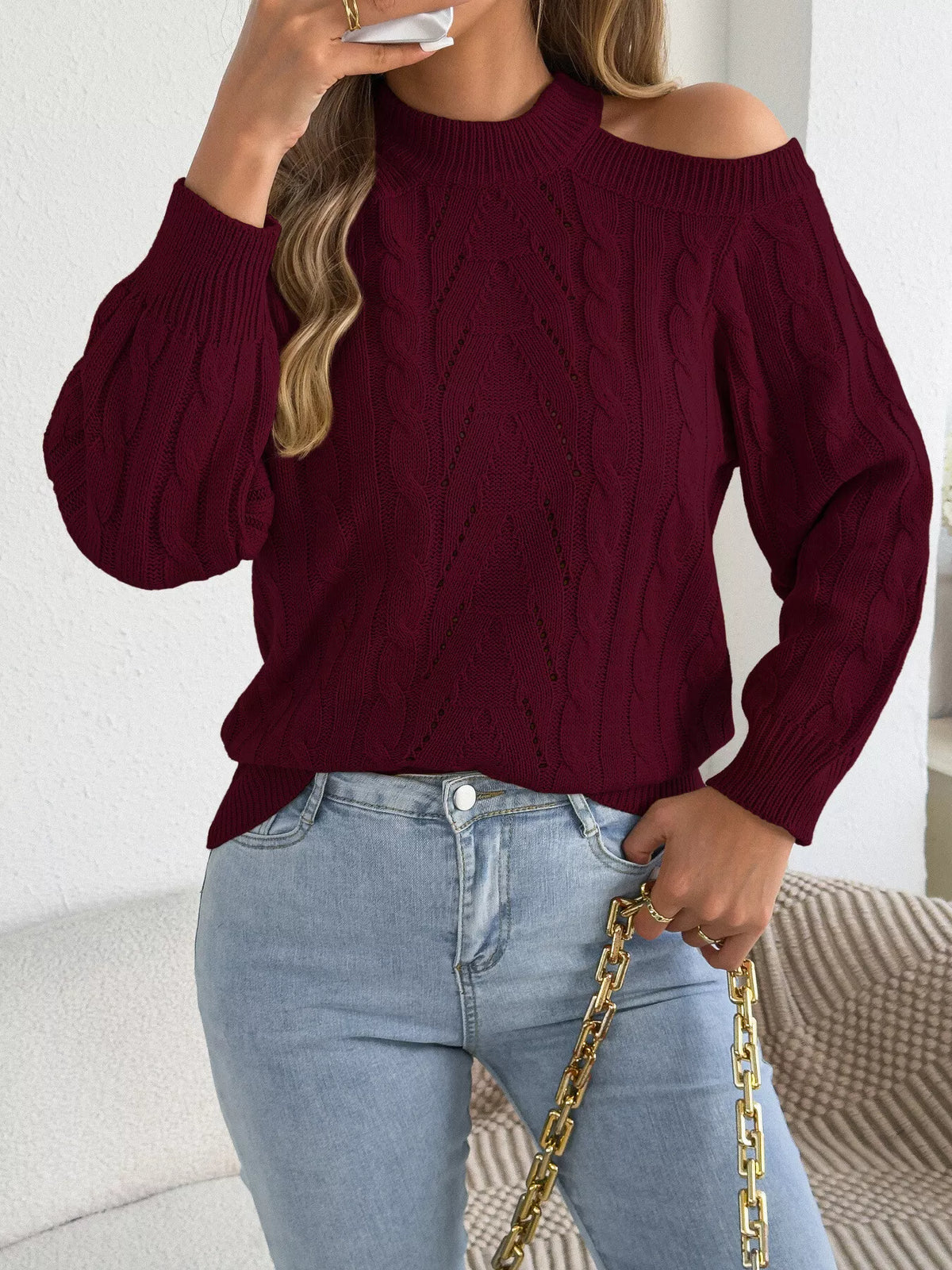 Cold Shoulder Cable Knit Sweater (18)