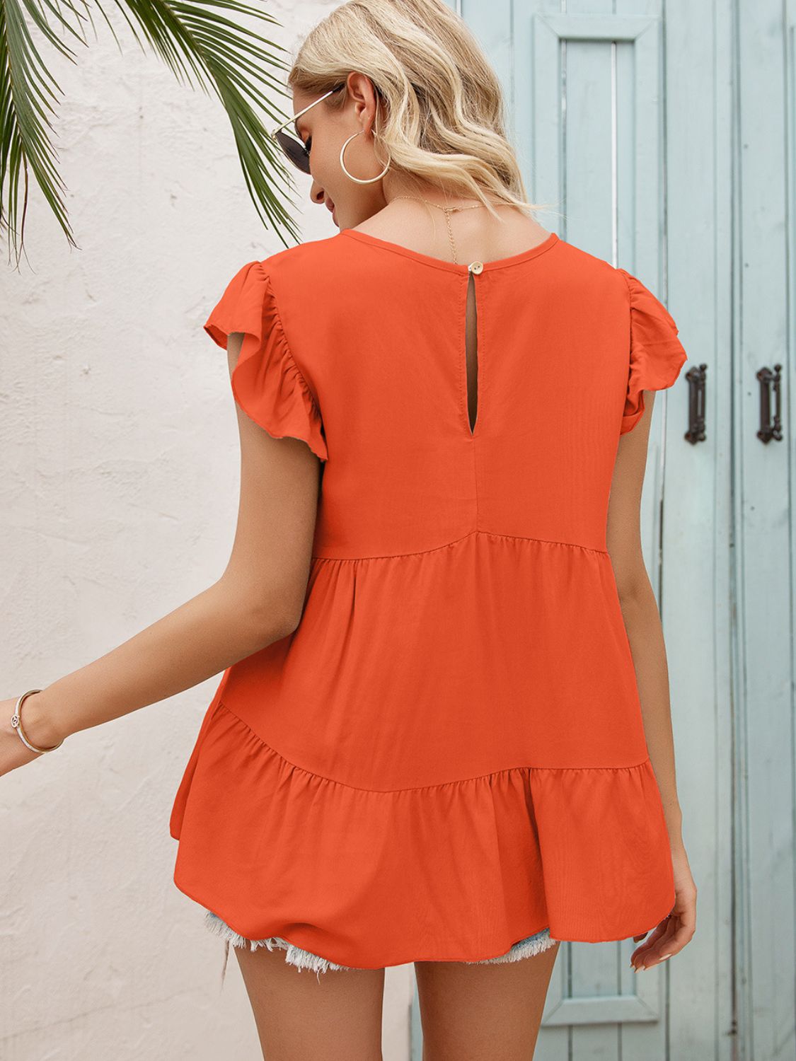 Round Neck Flutter Sleeve Tiered Blouse (9)