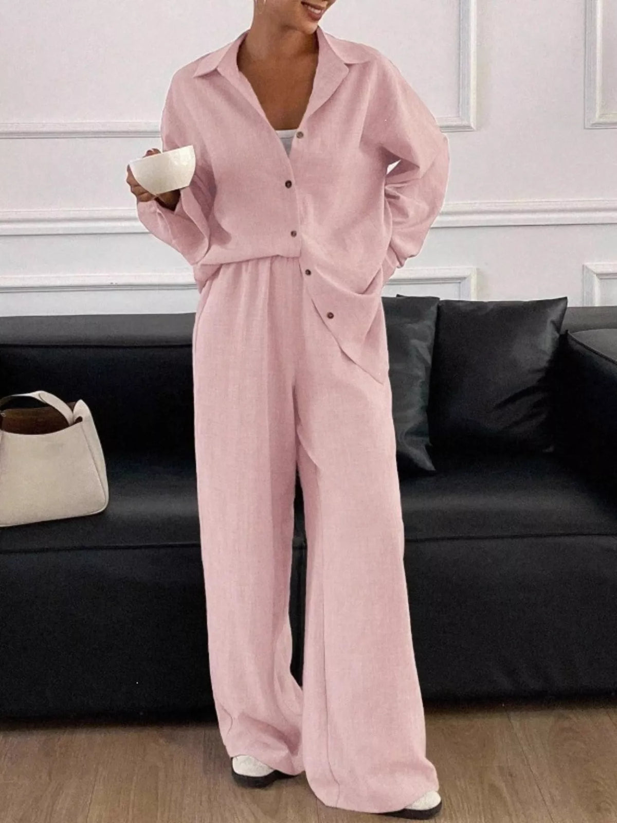 Button-down Shirt Wide-leg Pants Set (30)