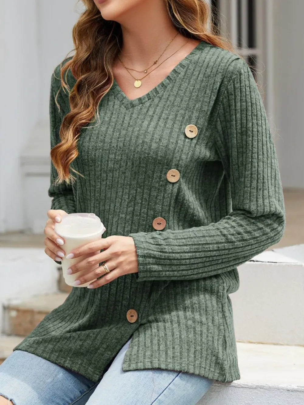 V-neck Long Sleeve T-shirt (25)