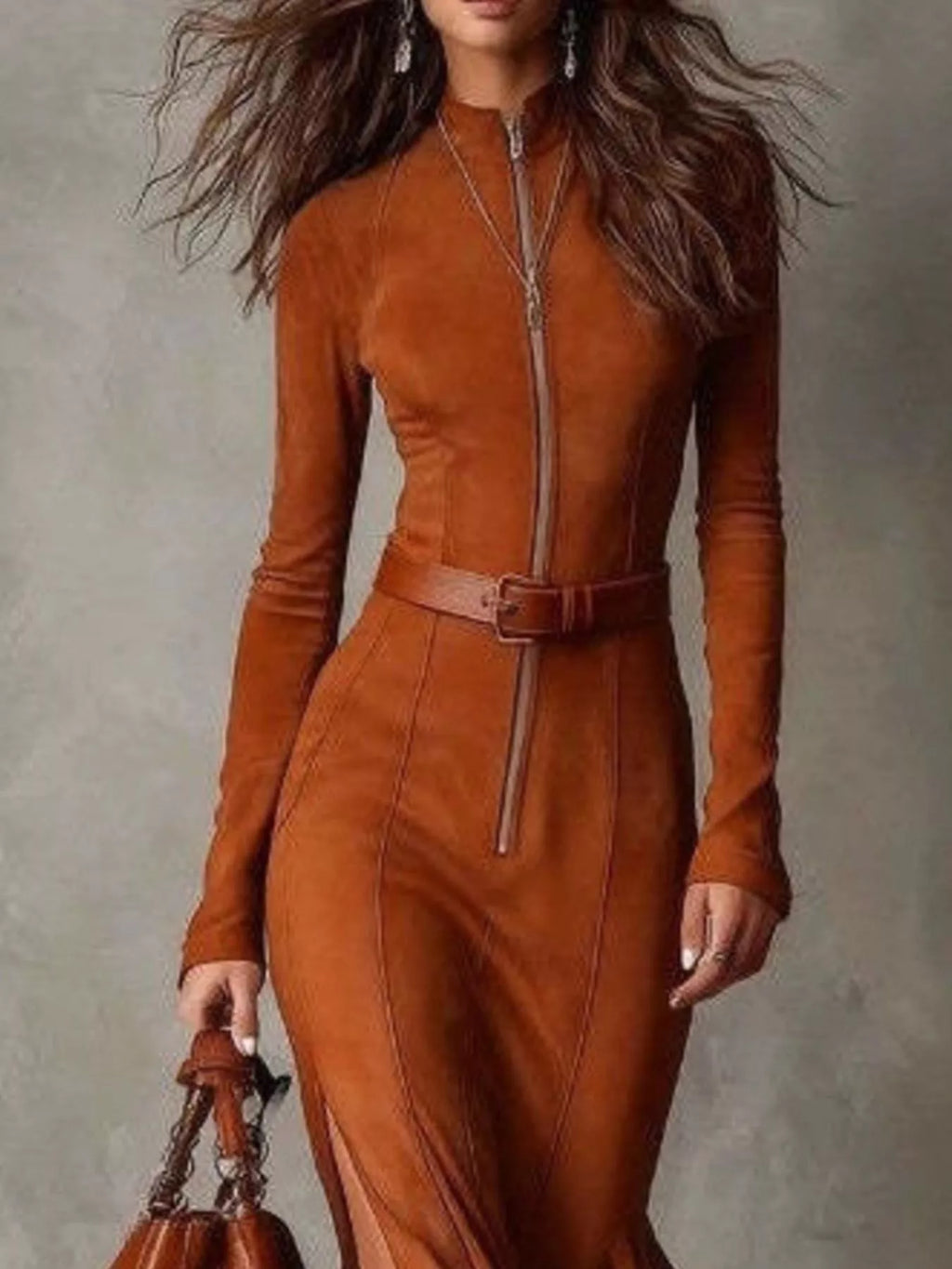 Full Size Slit Zip-front Long Sleeve Maxi Dress Belt Plus (9)