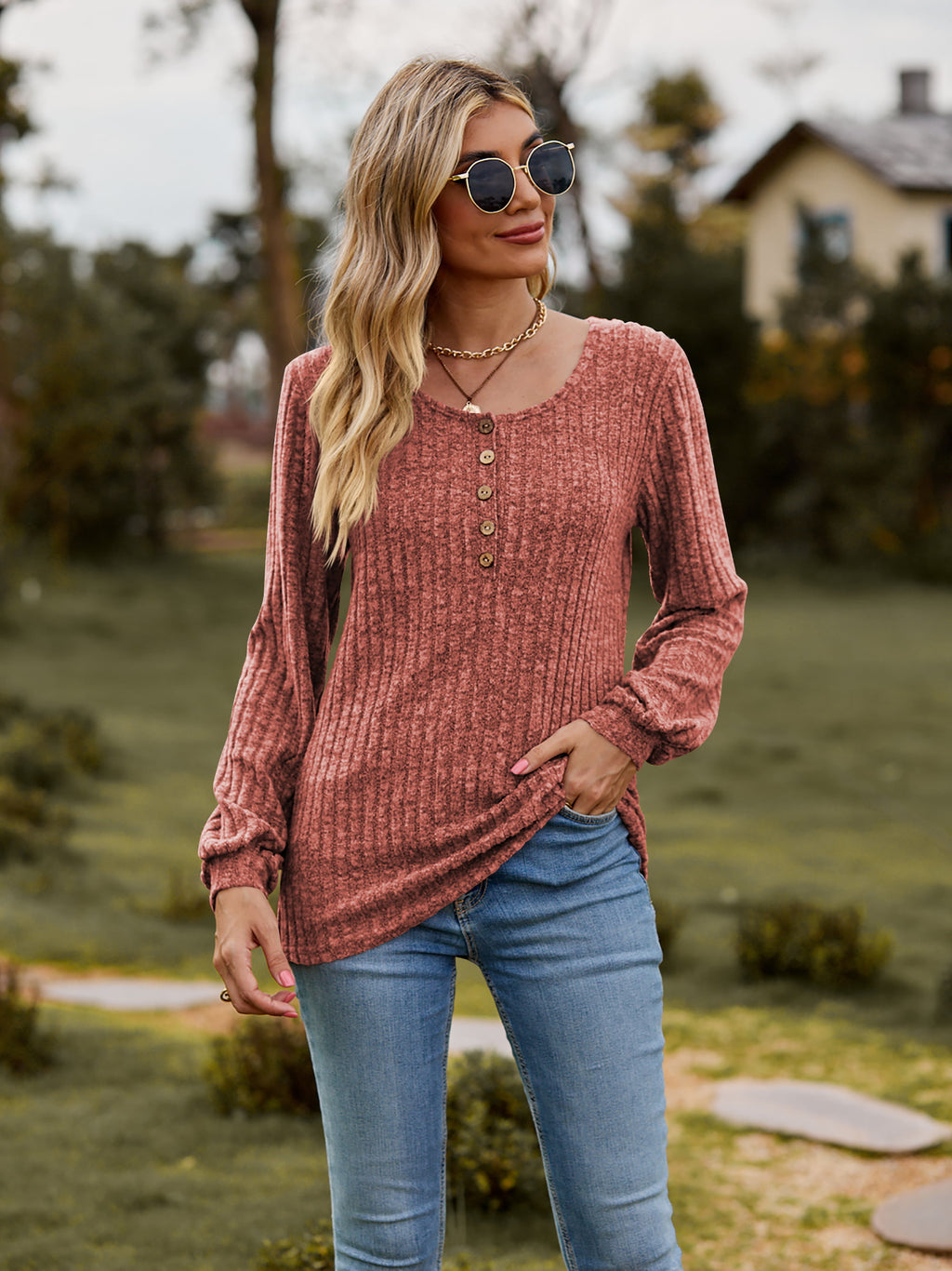 Round Neck Button-down Long Sleeve Tee (3)