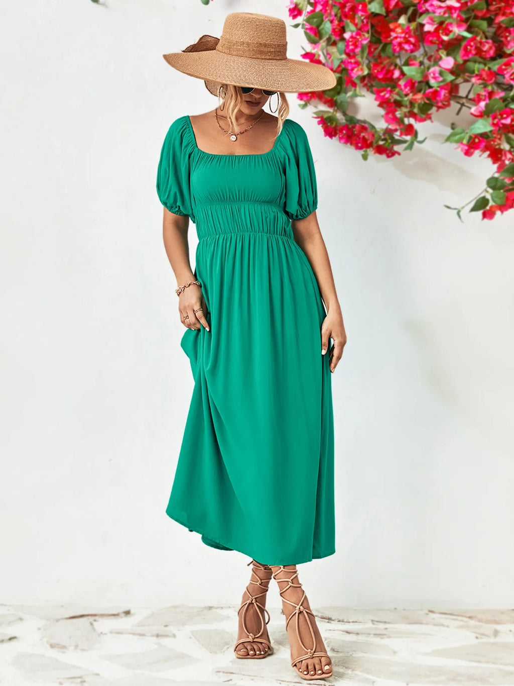 Off-shoulder Puff Sleeve Smocked Maxi Dress