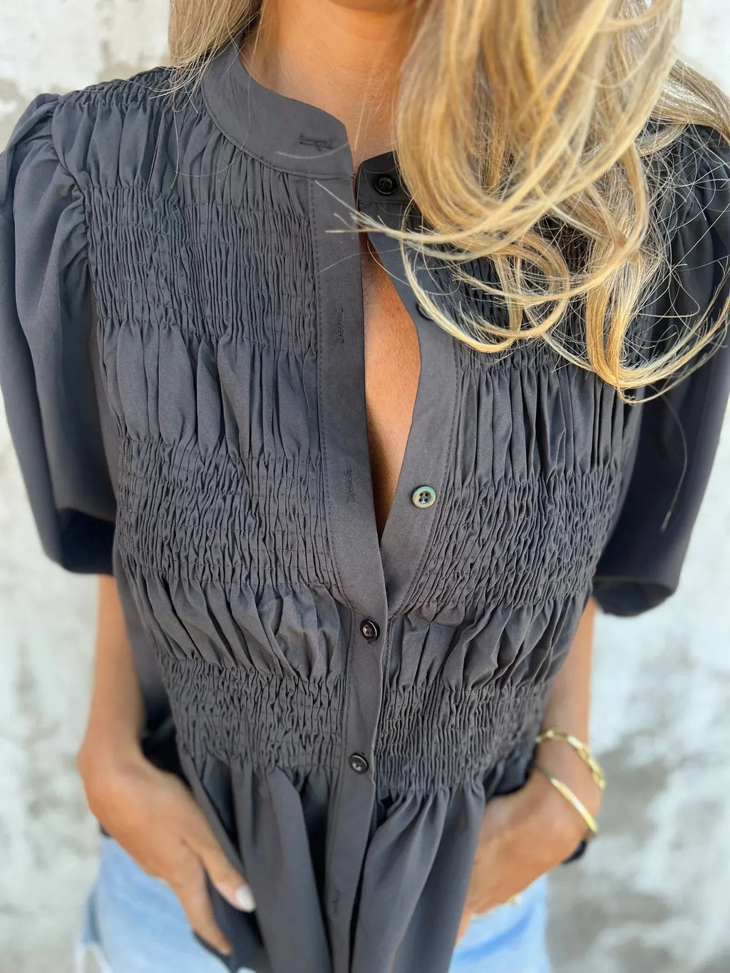 Full Size Smocked Button Front Puff Sleeve Shirt Plus (15)