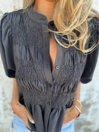 Full Size Smocked Button Front Puff Sleeve Shirt Plus (15)
