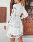 White Hollow-out Pattern Stitching Long Sleeve Shirt Skirt photo 6