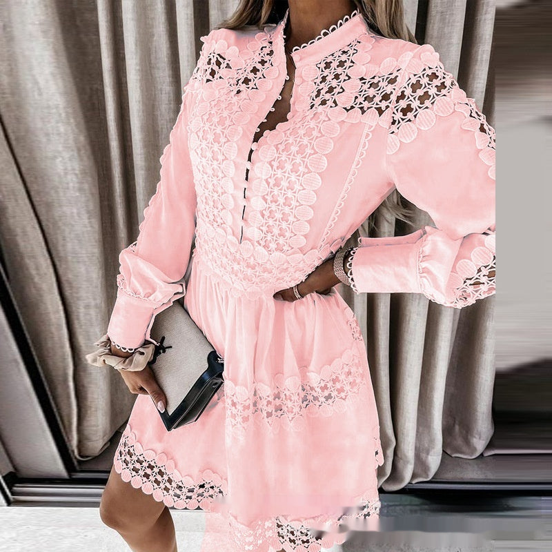 White Hollow-out Pattern Stitching Long Sleeve Shirt Skirt photo 3