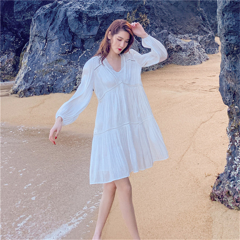 Pleated V-neck Dress variant CJNSSYLY09672-White-M|CJNSSYLY09672-White-L|CJNSSYLY09672-White-S