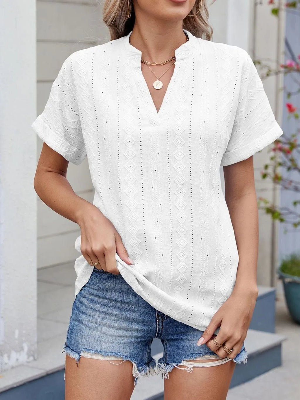 Eyelet Notched Short Sleeve Top (12)