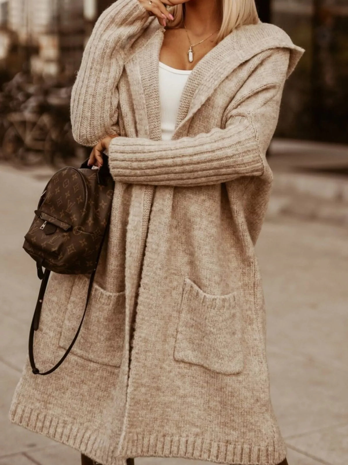 Full Size Hooded Knit Open Front Cardigan Plus (18)