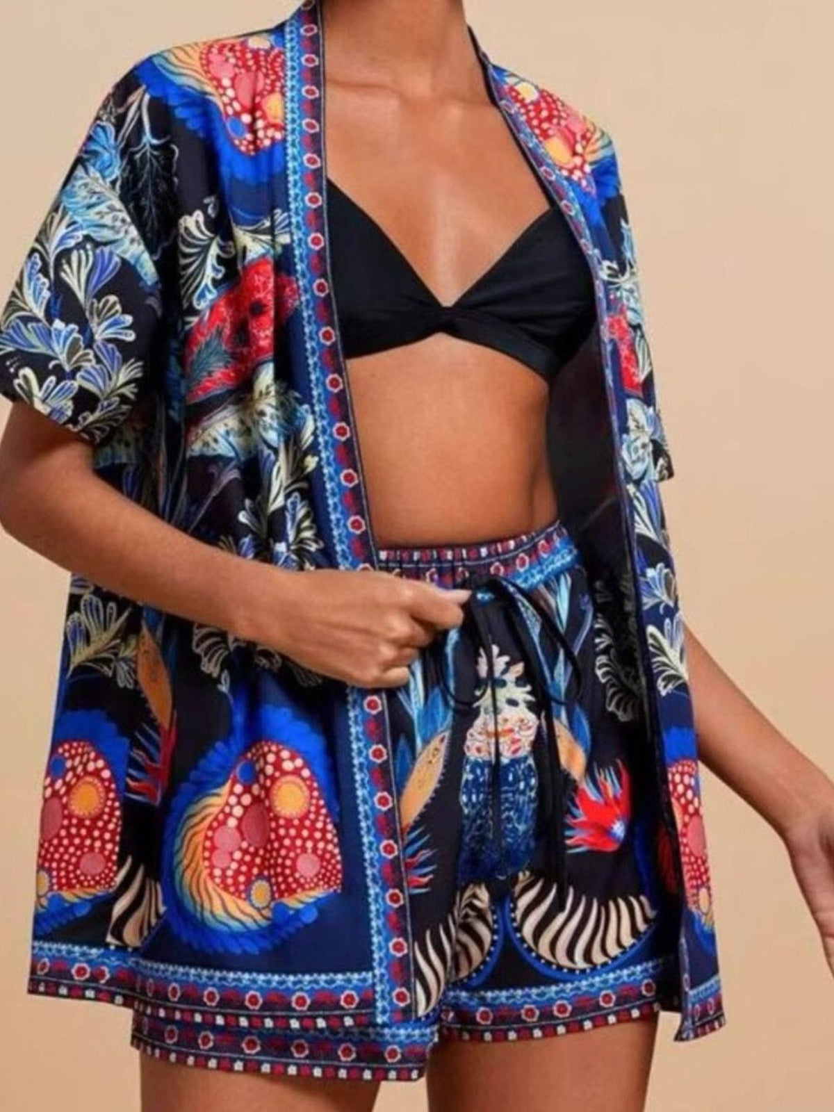 Printed Open Front Cardigan Shorts Set (3)
