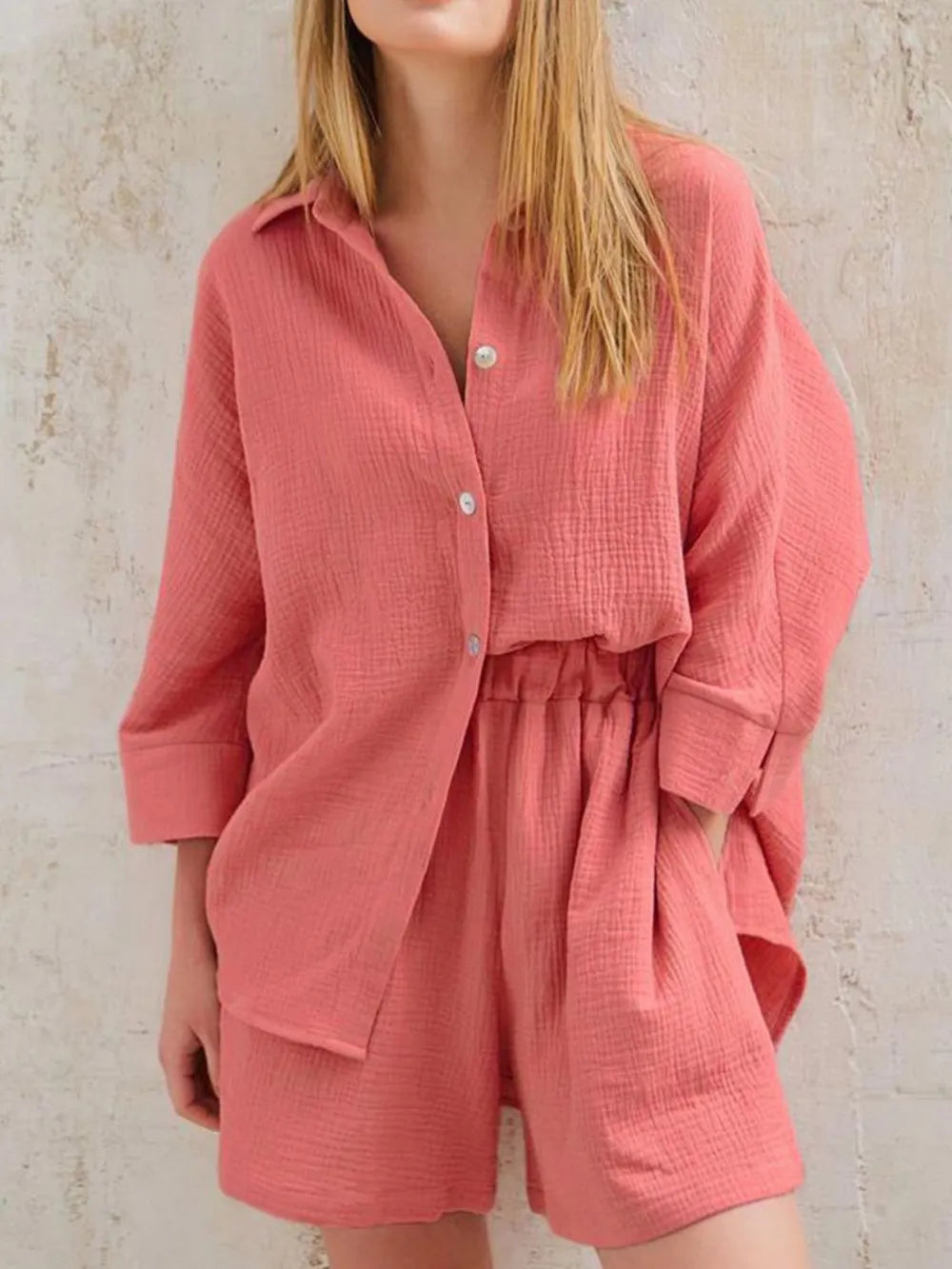 Texture Button Up Shirt Shorts Set (13)